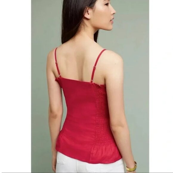 Anthropologie Maeve Women's Linen Blend Smocked Peplum Cami In Pink Size S - Picture 2 of 10